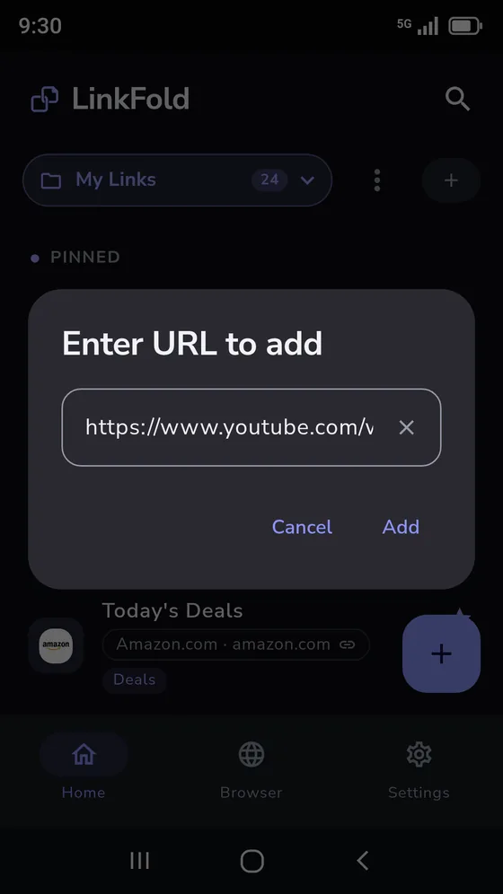 The Enter URL to add dialog, with a YouTube link pasted in