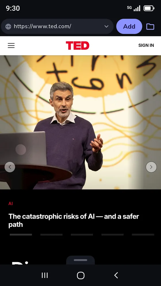The built-in LinkFold browser on the TED home page, with Add and the target list beside the address bar