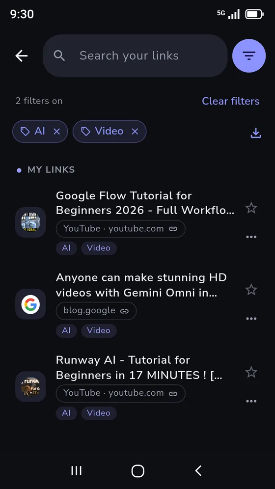 LinkFold search filtered to the tags AI and Video, with the matching links under My Links