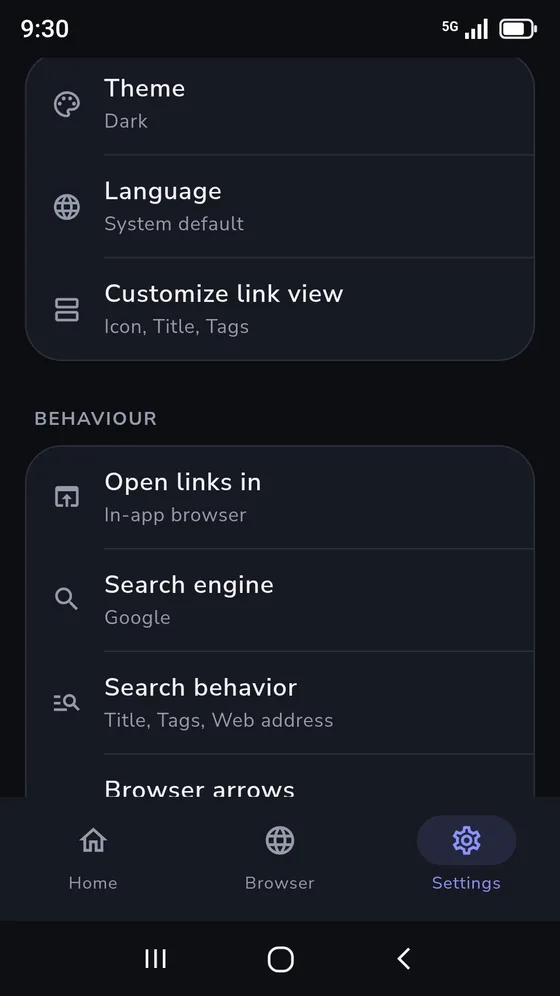 LinkFold settings, with theme, language, the link view, where links open, the search engine, search behaviour and browser arrows