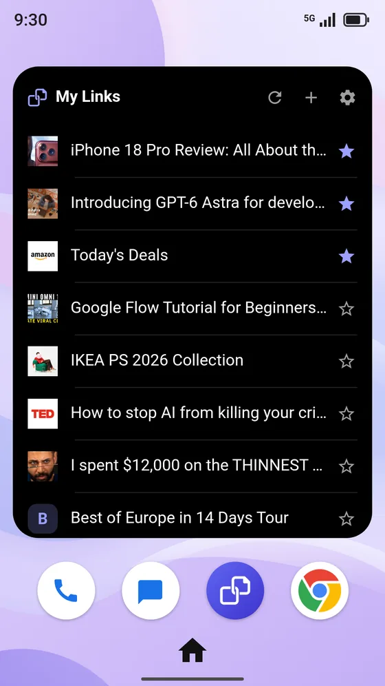 The LinkFold widget on a phone home screen, listing saved links with the three pinned ones starred